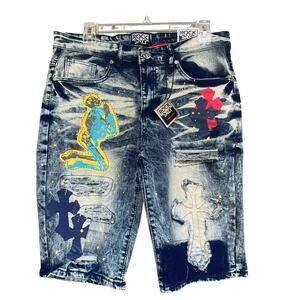 Rock Salt Shorts Mens 32 Blue Medium Tint Wash Distressed Graphic Denim Crosses